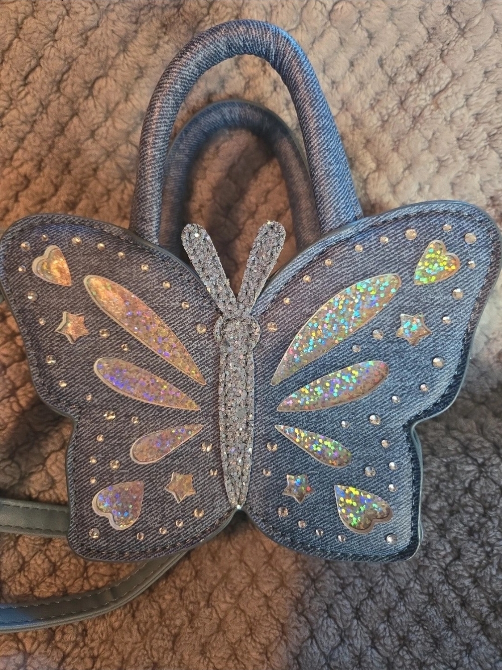 OMG Accessories Miss Gwen Denim Butterfly Rhinestone Crossbody Mini Bag NWOT